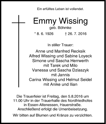 Traueranzeige von Emmy Wissing von Tageszeitung