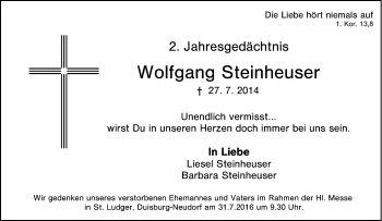 Traueranzeige von Wolfgang Steinheuser von Tageszeitung