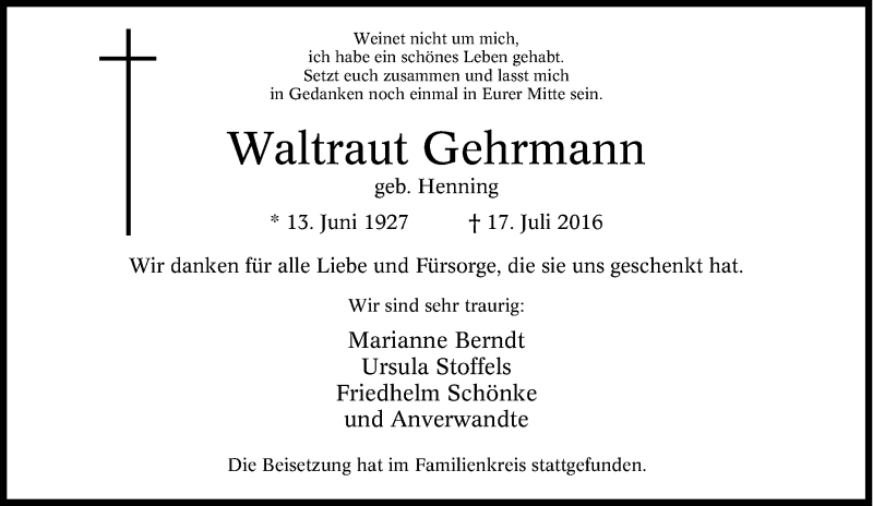  Traueranzeige für Waltraut Gehrmann vom 23.07.2016 aus Tageszeitung