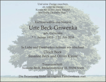 Traueranzeige von Urte Beck-Griwenka von Tageszeitung