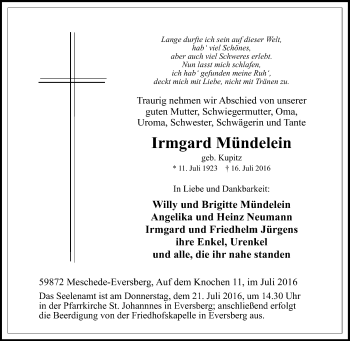 Traueranzeige von Irmgard Mündelein von Tageszeitung