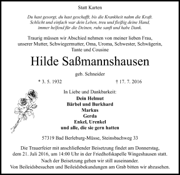 Traueranzeige von Hilde Saßmannshausen von Tageszeitung