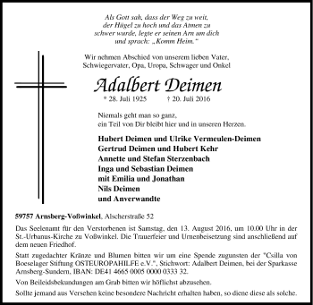 Traueranzeige von Adalbert Deimen von Tageszeitung