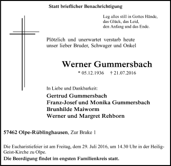 Traueranzeige von Werner Gummersbach von Tageszeitung