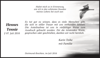 Traueranzeige von Hennes Tennie von Tageszeitung