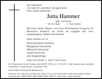 Traueranzeige von Jutta Hammer von Tageszeitung