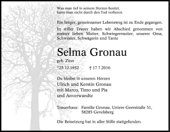 Traueranzeige von Selma Gronau von Tageszeitung