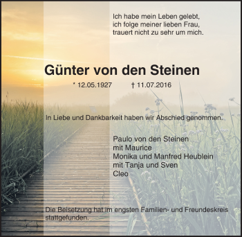 Traueranzeige von Günter von den Steinen von Tageszeitung