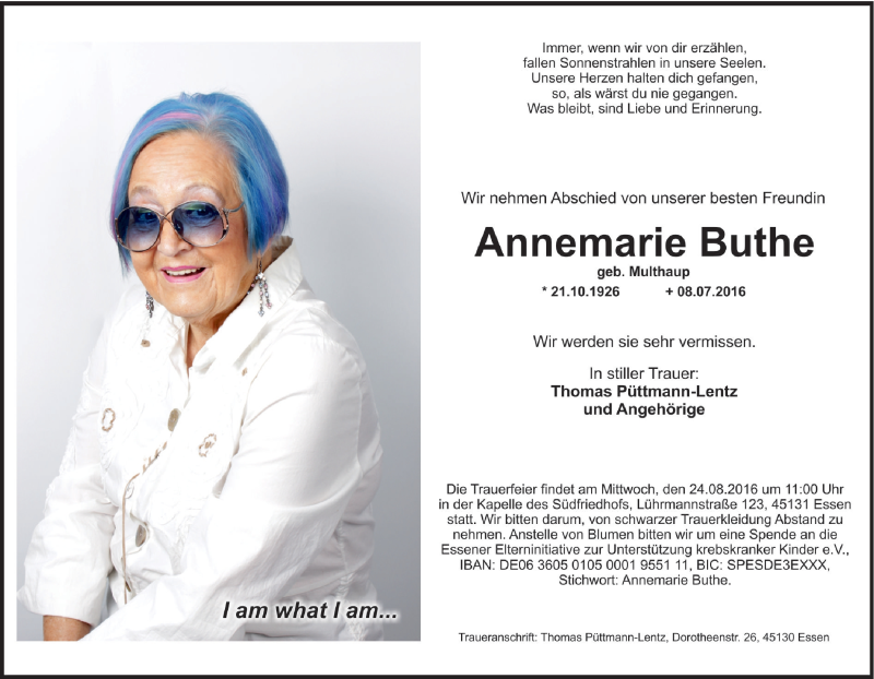  Traueranzeige für Annemarie Buthe vom 16.07.2016 aus Tageszeitung