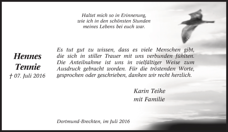  Traueranzeige für Hennes Tennie vom 30.07.2016 aus Tageszeitung