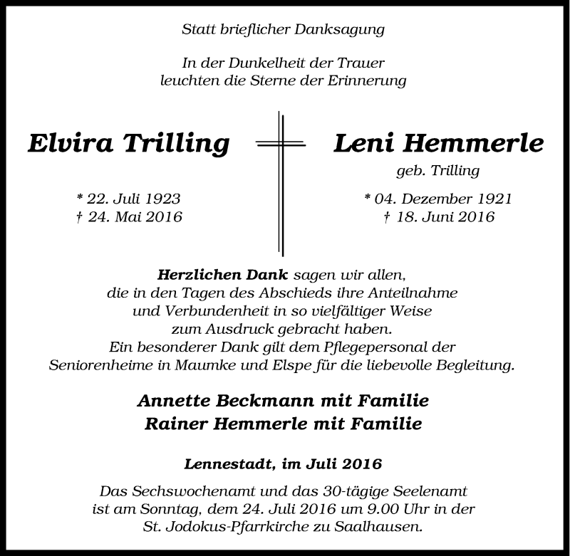  Traueranzeige für Elvira und Leni  vom 19.07.2016 aus Tageszeitung