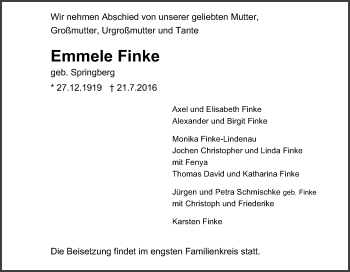 Traueranzeige von Emmele Finke von Tageszeitung