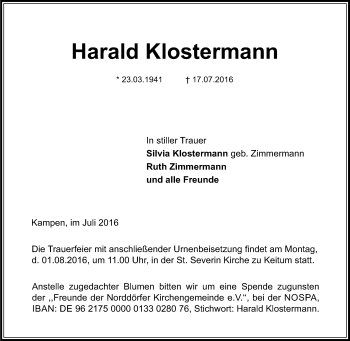 Traueranzeige von Harald Klostermann von Tageszeitung