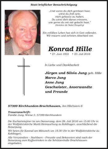 Traueranzeige von Konrad Hille von Tageszeitung