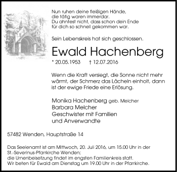 Traueranzeige von Ewald Hachenberg von Tageszeitung