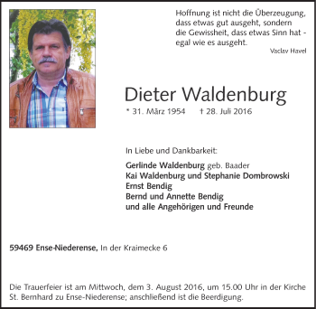 Traueranzeige von Dieter Waldenburg von Tageszeitung