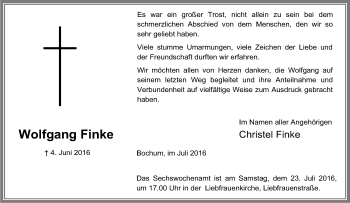Traueranzeige von Wolfgang Finke von Tageszeitung