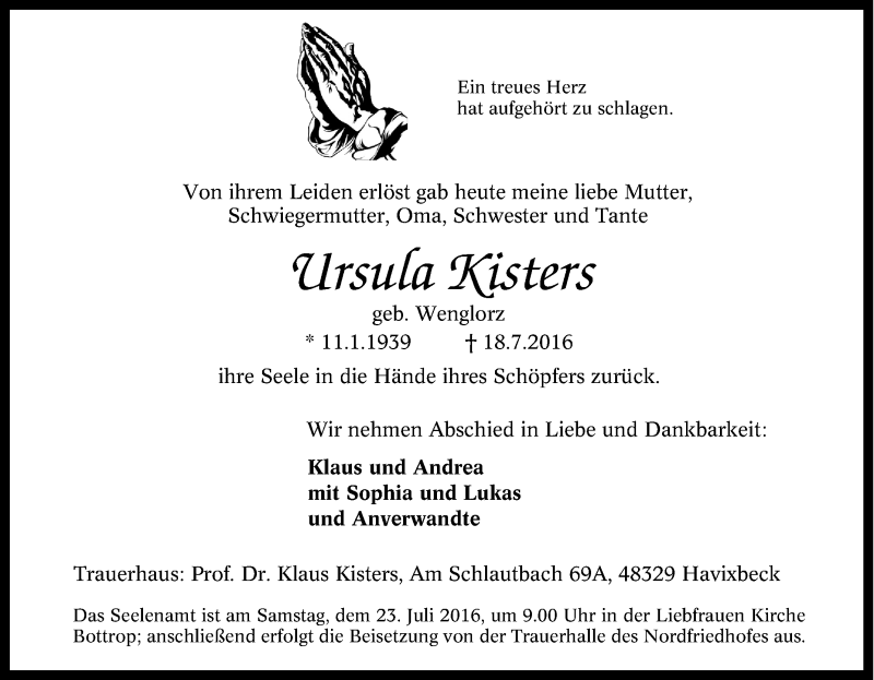  Traueranzeige für Ursula Kisters vom 19.07.2016 aus Tageszeitung