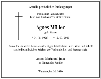 Traueranzeige von Agnes Müller von Tageszeitung