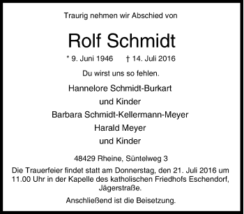 Traueranzeige von Rolf Schmidt von Tageszeitung