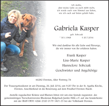 Traueranzeige von Gabriela Kasper von Tageszeitung