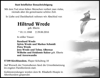 Traueranzeige von Hiltrud Wrede von Tageszeitung
