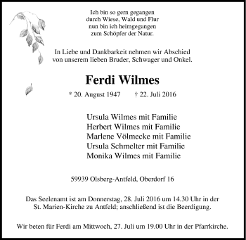 Traueranzeige von Ferdi Wilmes von Tageszeitung
