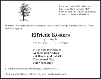 Traueranzeige von Elfriede Kösters von Tageszeitung