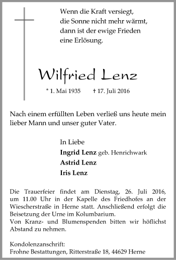 Traueranzeige von Wilfried Lenz von Tageszeitung