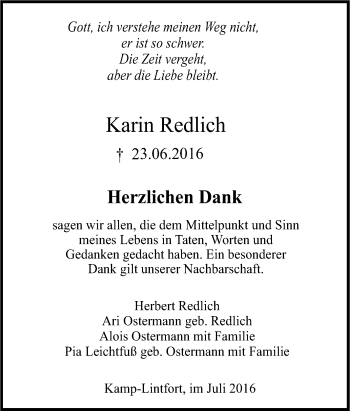Traueranzeige von Karin Redlich von Tageszeitung