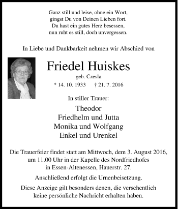 Traueranzeige von Friedel Huiskes von Tageszeitung