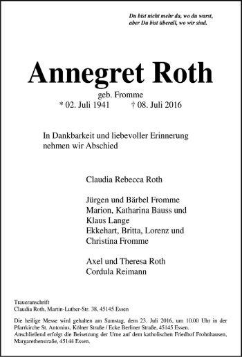 Traueranzeige von Annegret Roth von Tageszeitung