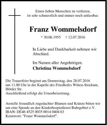 Traueranzeige von Franz Wommelsdorf von Tageszeitung