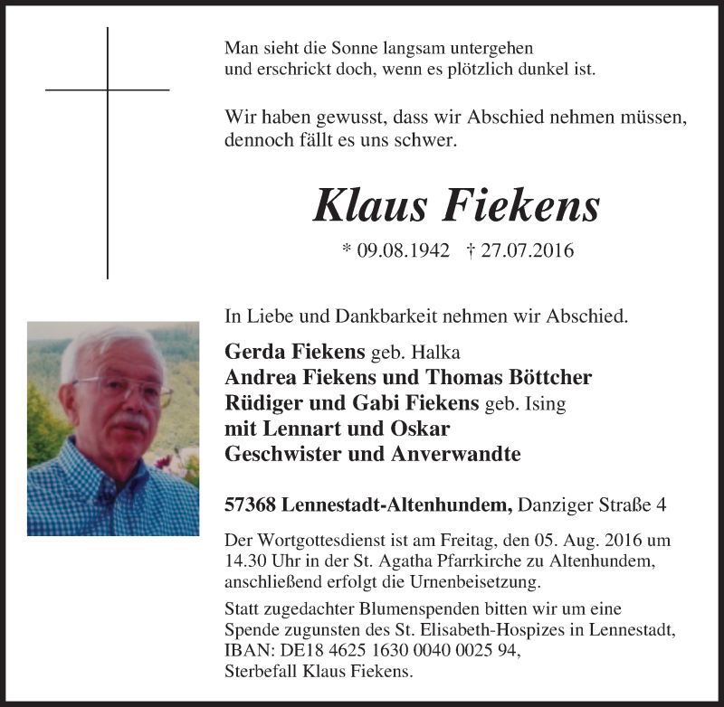  Traueranzeige für Klaus Fiekens vom 30.07.2016 aus Tageszeitung