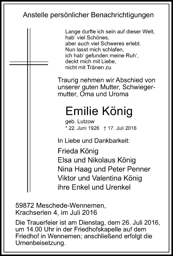  Traueranzeige für Emilie König vom 20.07.2016 aus Tageszeitung