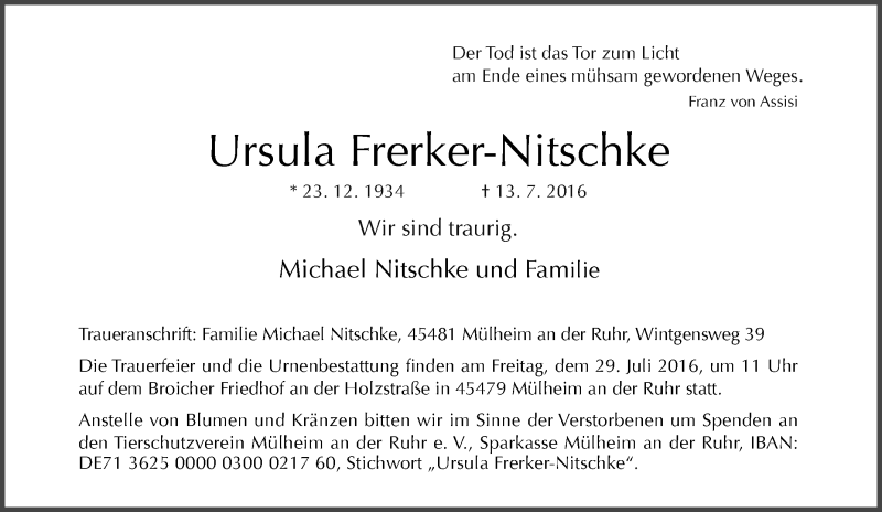  Traueranzeige für Ursula Frerker-Nitschke vom 27.07.2016 aus Tageszeitung