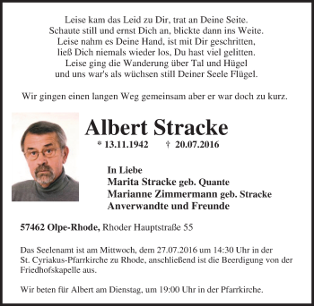 Traueranzeige von Albert Stracke von Tageszeitung