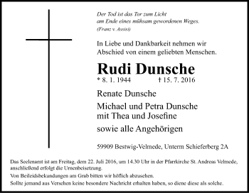 Traueranzeige von Rudi Dunsche von Tageszeitung