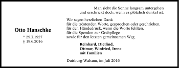 Traueranzeige von Otto Hanschke von Tageszeitung