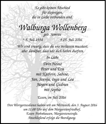 Traueranzeige von Walburga Wollenberg von Tageszeitung