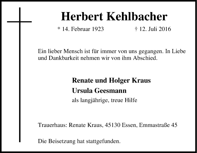  Traueranzeige für Herbert Kehlbacher vom 20.07.2016 aus Tageszeitung