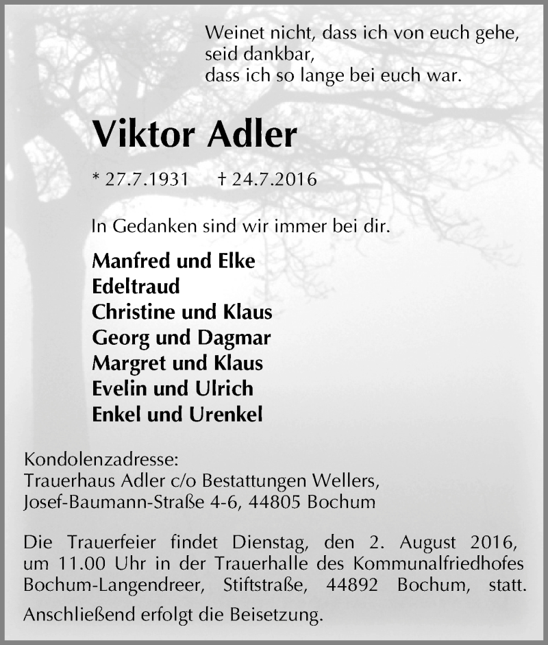 Traueranzeigen von Viktor Adler TrauerinNRW.de