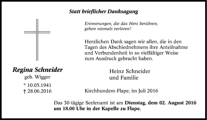  Traueranzeige für Regina Schneider vom 29.07.2016 aus Tageszeitung