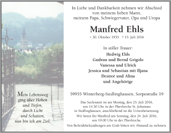 Traueranzeige von Manfred Ehls von Tageszeitung