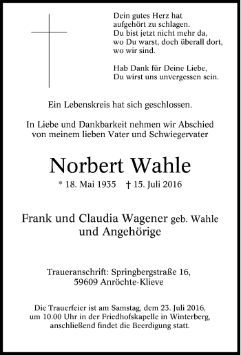 Traueranzeige von Norbert Wahle von Tageszeitung
