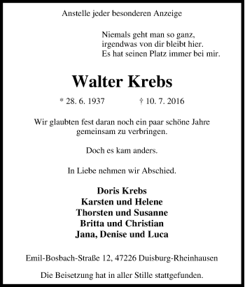 Traueranzeige von Walter Krebs von Tageszeitung