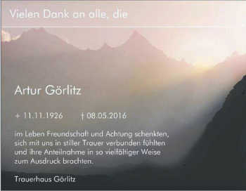 Traueranzeige von Artur Görlitz von Tageszeitung