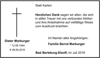 Traueranzeige von Dieter Marburger von Tageszeitung