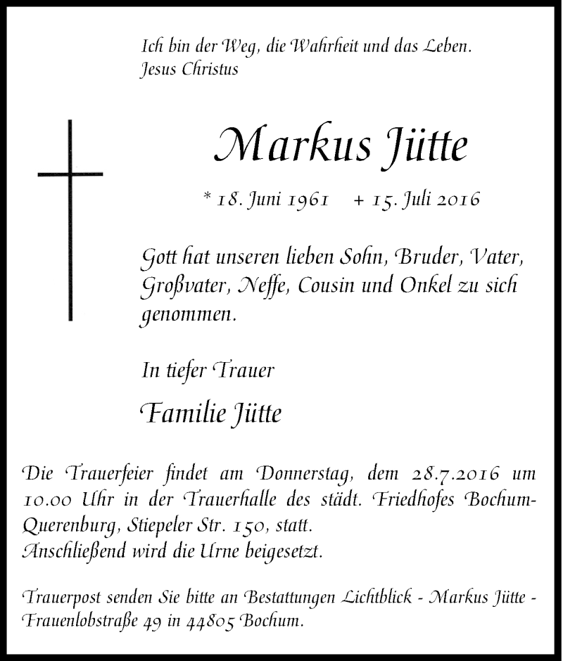  Traueranzeige für Markus Jütte vom 23.07.2016 aus Tageszeitung