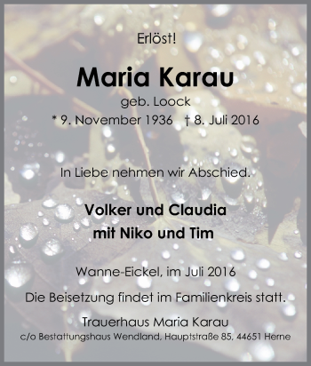 Traueranzeige von Maria Karau von Tageszeitung